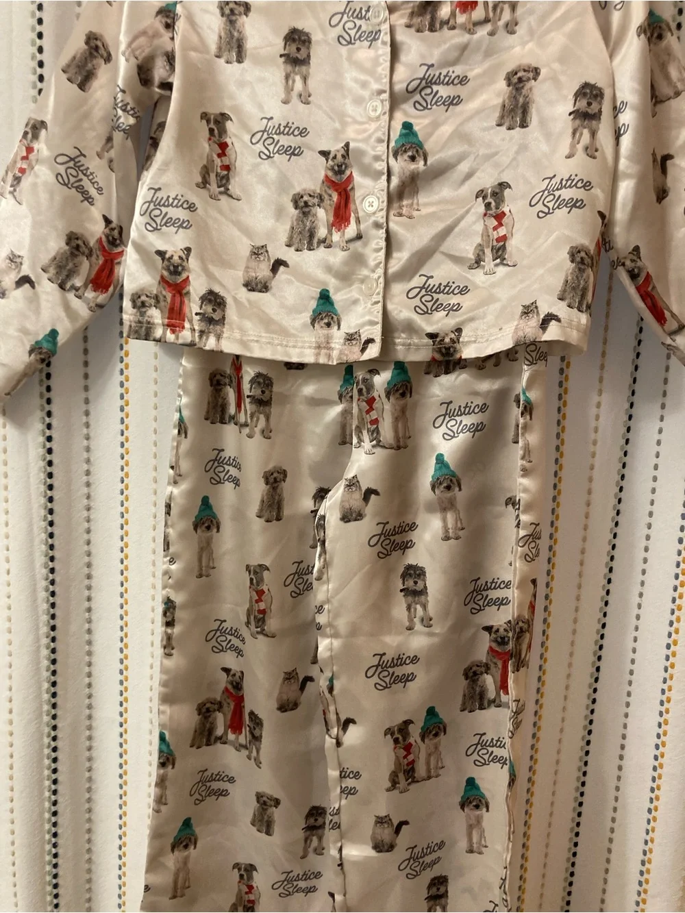 Justice Cream Satin Pajama Set with Red and Teal Dog Accents